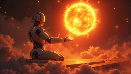 Naklejka premium Solar energy in the hands of a robot. Concept of the future.