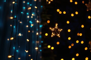 Obraz premium Colorful Christmas lights hang against a starry night sky, creating a festive and enchanting winter ambiance. Generative AI