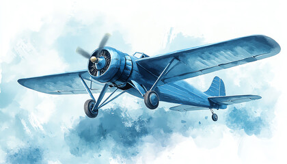 A vintage blue airplane flying through a dreamy, watercolor-inspired sky, capturing the essence of freedom and adventure.