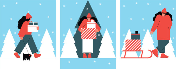 Obraz premium Merry Christmas vector flat illustration. Set for covers, invitations, posters, banners, flyers, posters. Minimal template design for branding, advertising with winter Christmas composition. 