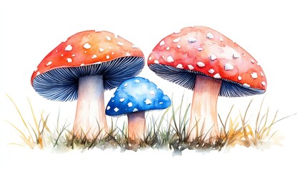 Obraz premium Colorful watercolor mushrooms in a grassy field, showcasing vibrant red and blue caps with white spots, perfect for nature themes.