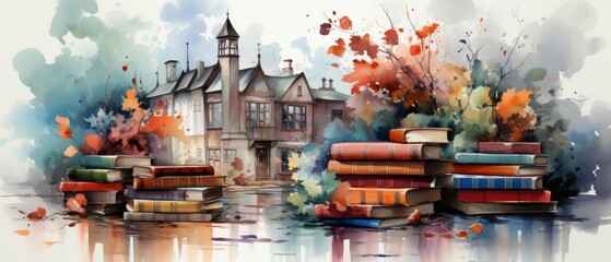 Obraz premium Watercolor Education Day Illustration with Books