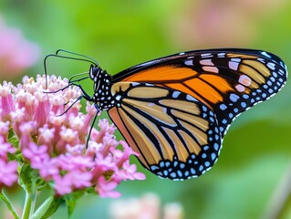 Naklejka premium Colorful butterfly perched on pink flower, vibrant nature scene.