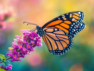 Fototapeta premium Butterfly on vibrant pink flower with soft focus background.