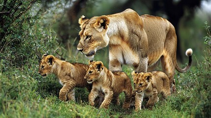 Naklejka premium A lioness teaching her cubs how to hunt, a lesson in survival in the wild