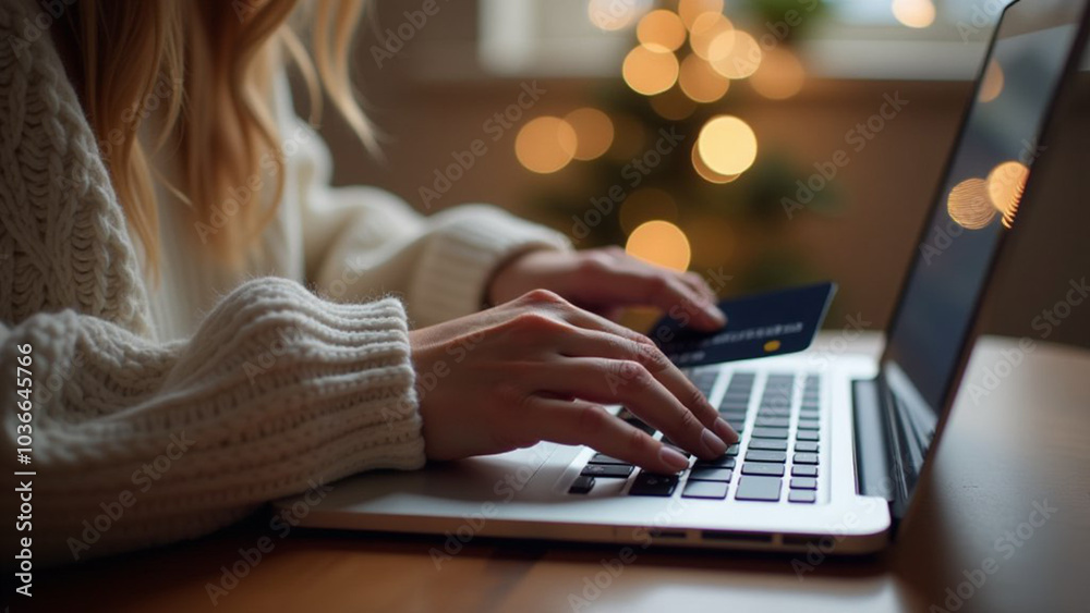 Wall mural close-up of a woman buying gifts online using a laptop while holding a credit card, gift icons flyin