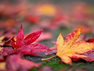 Vibrant autumn leaves scattered on the ground, showcasing natural colors.