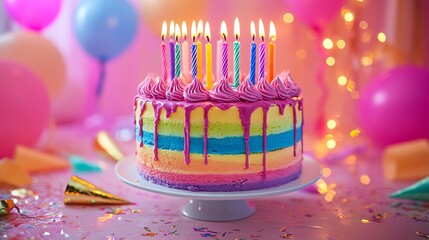 A colorful birthday cake with candles, surrounded by festive decorations, perfect for celebrations and joyful moments.