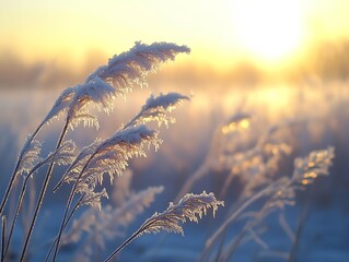 Obraz premium Frost-covered grass illuminated by sunrise, creating a serene winter landscape.