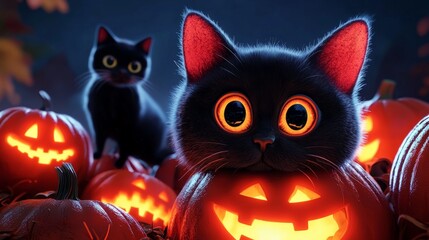 Fototapeta premium Playful Black Cats and Pumpkin Scene for Halloween