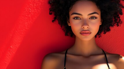 A close-up portrait of a beautiful young woman with curly hair against a vibrant red backdrop, exuding confidence and allure.