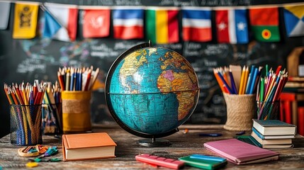 A globe on a desk in a classroom with colored pencils, books, and a chalkboard with world flags in the background.
