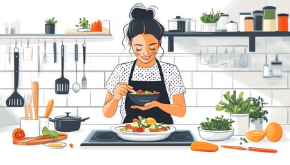 A woman happily preparing a fresh and colorful salad in a modern kitchen, surrounded by healthy ingredients and cooking tools.