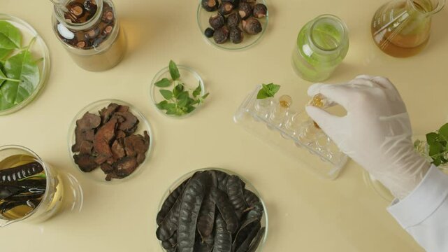 The experiment in the video template uses an overhead shot of a scientist setting up test tubes in a test tube tray on a table adjacent to glassware holding liquids and herbal ingredients.