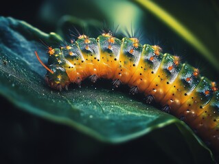 Naklejka premium Vibrant caterpillar on green leaf, displaying colorful patterns and textures.