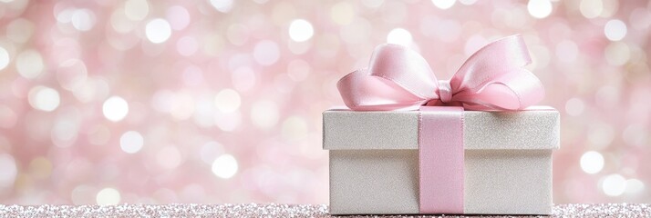 Fototapeta premium Elegant white gift box with a pink bow on a sparkling background, festive season, celebration