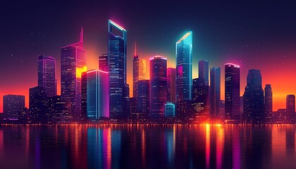 A vibrant city skyline at night, illuminated by neon lights, reflecting in the water for a stunning urban scene.