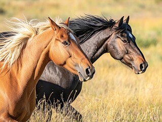 Obraz premium Two horses galloping in a meadow, capturing the essence of freedom and speed.