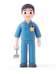 A cheerful cartoon figure in a blue jumpsuit holding a key, representing a maintenance worker.