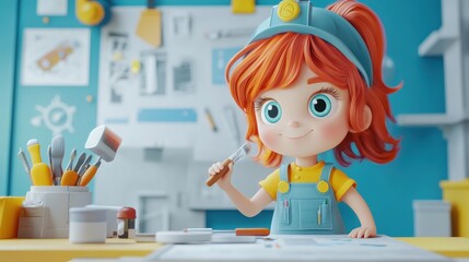 A cheerful cartoon girl working in a creative workshop with tools and art supplies.