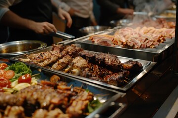 Naklejka premium Grilled Meats and Vegetables on Display at a Food Market