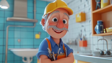 A cheerful cartoon handyman with tools in a colorful workshop.
