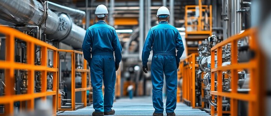 Fototapeta premium Two male workers in blue overalls and hard hats walking through a modern industrial facility.