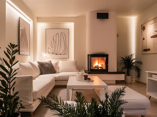 A modern living room in scandinavian style with a fireplace, a large sofa, and a wooden coffee table. The room has a neutral color scheme with warm lighting
