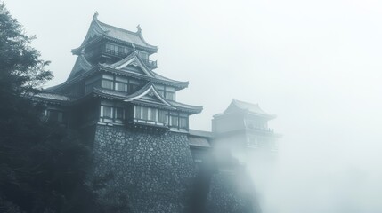 Mysterious Medieval Japanese Castle Shrouded in Fog with Towering Stone Walls and Turrets - Ultra-Detailed Landscape Photography