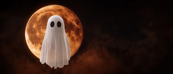 A spooky ghost floats against a full moon backdrop, creating a haunting, atmospheric scene perfect for Halloween.