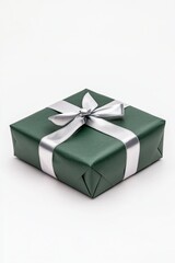 Elegantly wrapped green gift box with silver ribbon