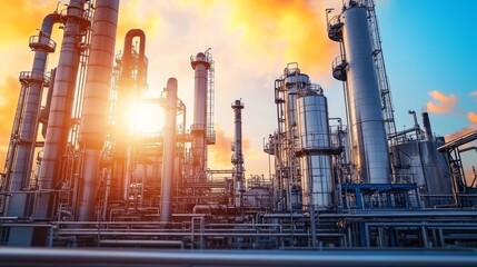 Fototapeta premium Industrial Sunset Oil Refinery Plant with Silhouettes of Towers, Pipes, and the Glowing Sky