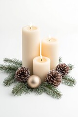 Elegant holiday candle arrangement with pinecones and greenery