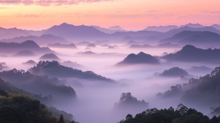 Obraz premium Mystical Sunrise over Ancient Japanese Valley - Ultra-Detailed Landscape Photography of Misty Mountains and Colorful Sky
