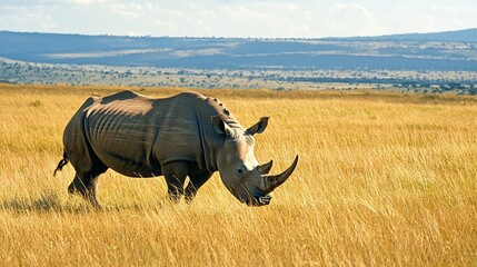 Fototapeta premium Close-up of a rhinoceros grazing in the open grasslands, highlighting its rugged features and massive size