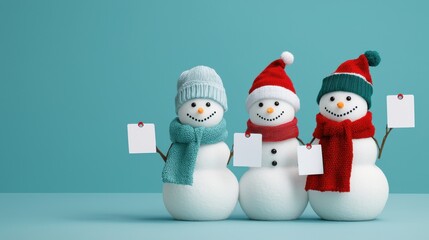 Snowmen wearing colorful hats and scarves stand against teal background, each holding blank card for messages. They evoke cheerful holiday spirit, perfect for festive promotions