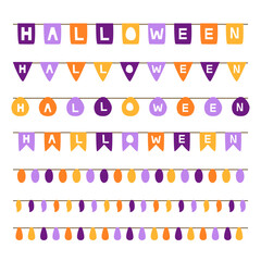 Vector halloween flag line set in purple, orange, yellow color tone. Halloween bunting set and light bulbs