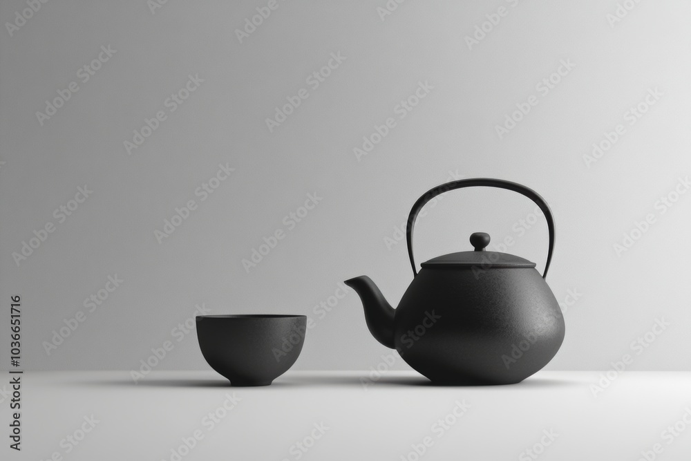 Aufkleber A black tea kettle sits next to a matching cup, creating a calm and inviting atmosphere perfect for enjoying a warm beverage. Generative AI