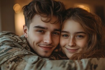 Female soldier reuniting with her family at home, Generative AI