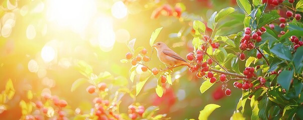 Fototapeta premium Small bird eating seeds from a hanging feeder, natural environment, bright and airy composition.