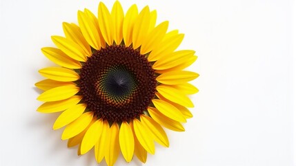 Obraz premium Single Vibrant Sunflower With Bright Yellow Petals and a Detailed Dark Brown Center Against a Clean White Isolated Background.