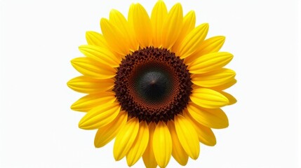 Fototapeta premium Single Vibrant Sunflower With Bright Yellow Petals and a Detailed Dark Brown Center Against a Clean White Isolated Background.