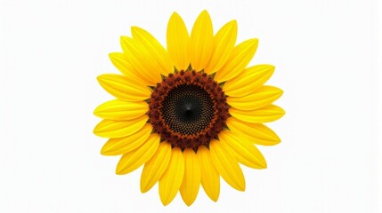 Fototapeta premium Single Vibrant Sunflower With Bright Yellow Petals and a Detailed Dark Brown Center Against a Clean White Isolated Background.