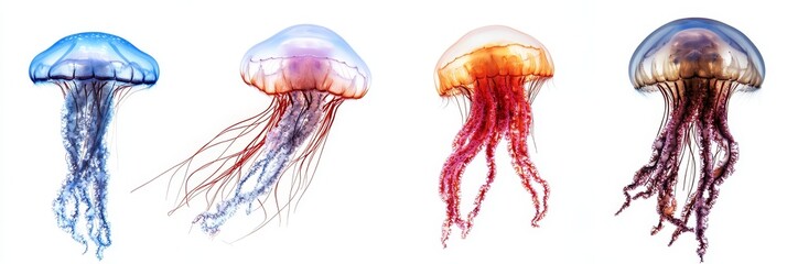 Fototapeta premium Elegant jellyfish with long, flowing tentacles, gracefully suspended in a pure white background, showcasing intricate details and vibrant colors.