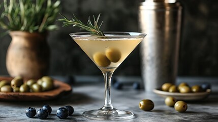 A martini cocktail with olives, served in a martini glass and topped with a green olive and a rosemary sprig. A shaker and a plate of blueberries and olives can be seen in the background.