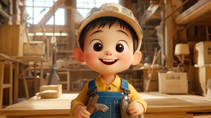 A cheerful cartoon boy in a workshop holding tools, embodying creativity and craftsmanship.
