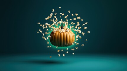 A vibrant pumpkin surrounded by floating popcorn set against a dark teal background creating a whimsical autumnal vibe