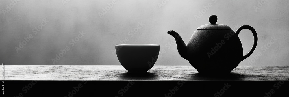 Poster A black tea kettle sits next to a white cup on a simple surface, illuminated by soft light, creating a peaceful atmosphere. Generative AI