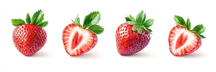 Vibrant strawberry showcasing bright red skin, tiny seeds, and fresh green leaves, isolated against a clean background for emphasis.