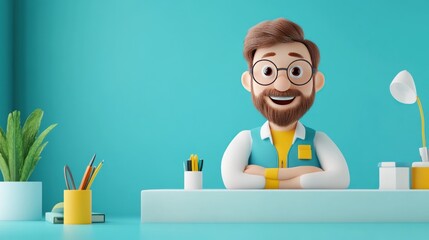 A cheerful character with glasses sitting at a desk in a bright, minimalist workspace.